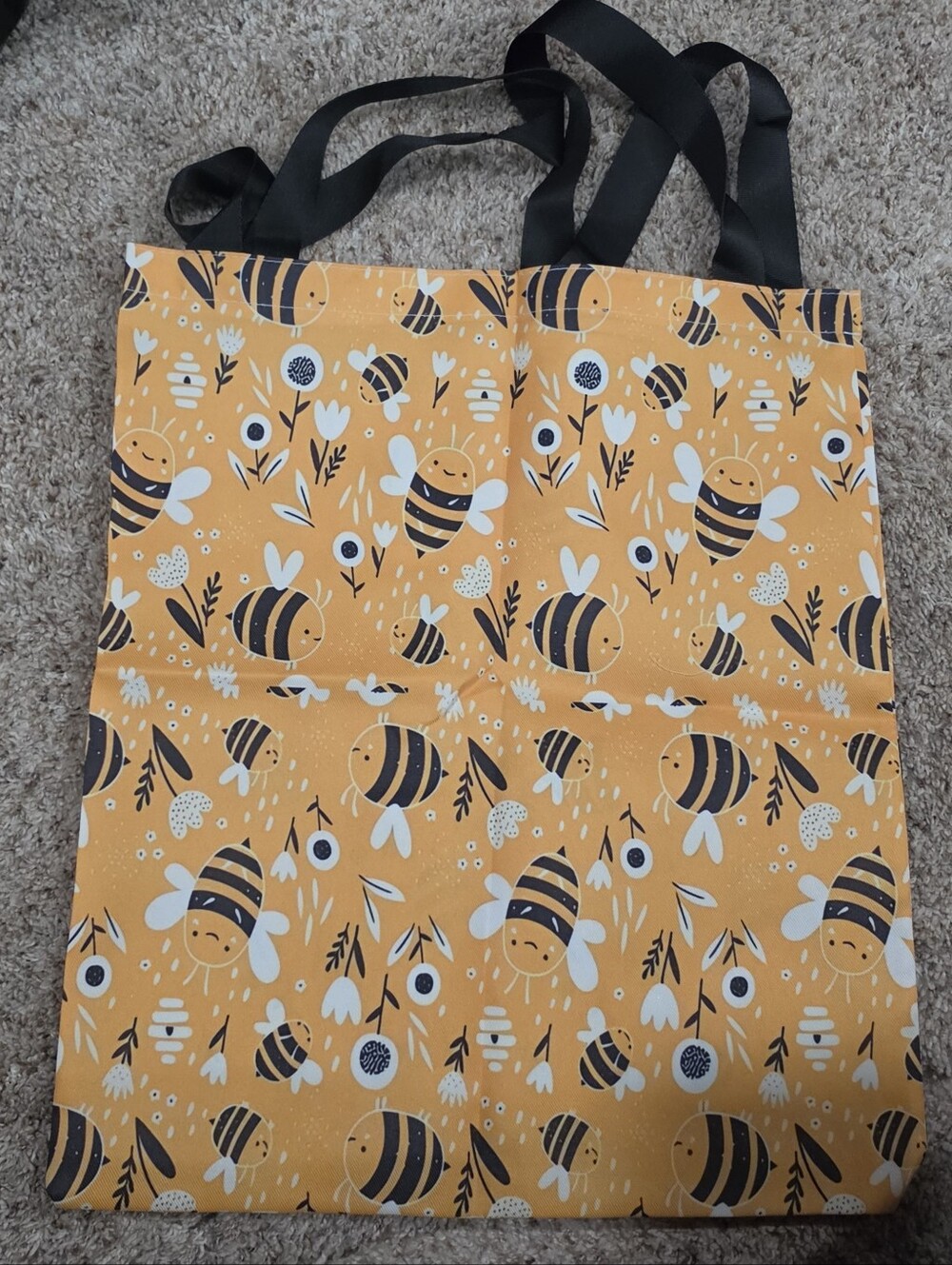 Yellow Bumblebee Bee Print Tote Bag with Black Straps New